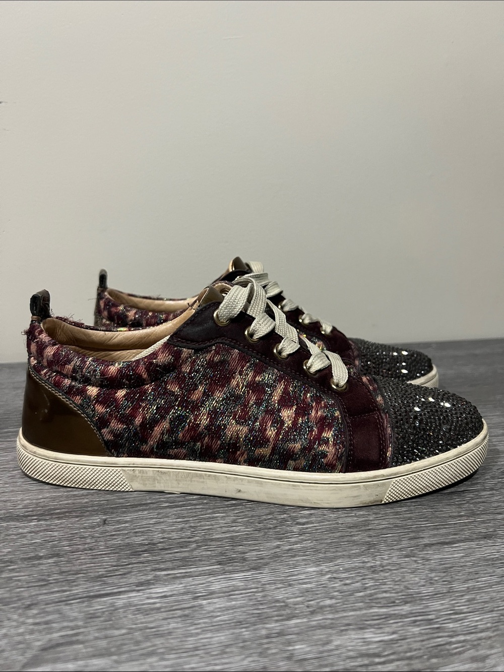 Christian Louboutin Embellished Tweed Low-Top Sneakers in Burgundy and brown